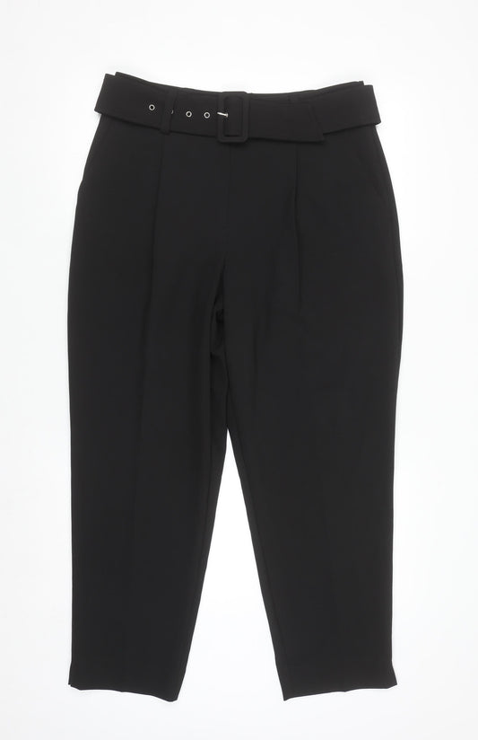 Primark Women's Black Size 12 Belted Pleated Tapered Trousers