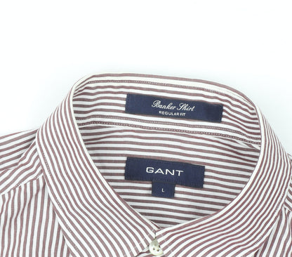 GANT Men's Brown Striped Button-Down Long Sleeve Regular Fit Shirt L