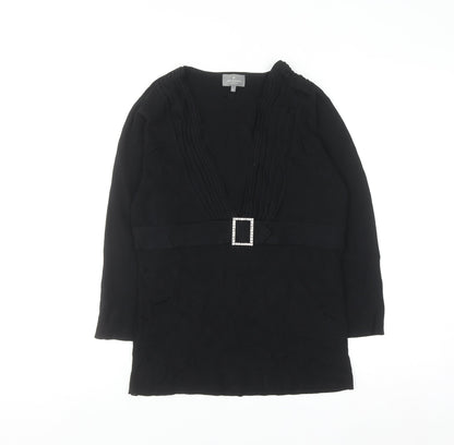 Jeff Banks Women Black Size 12 V-Neck Tunic Jumper with Buckle Detail