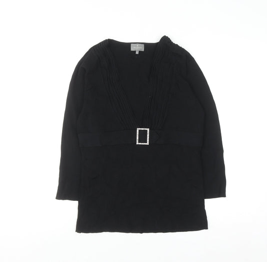 Jeff Banks Women Black Size 12 V-Neck Tunic Jumper with Buckle Detail