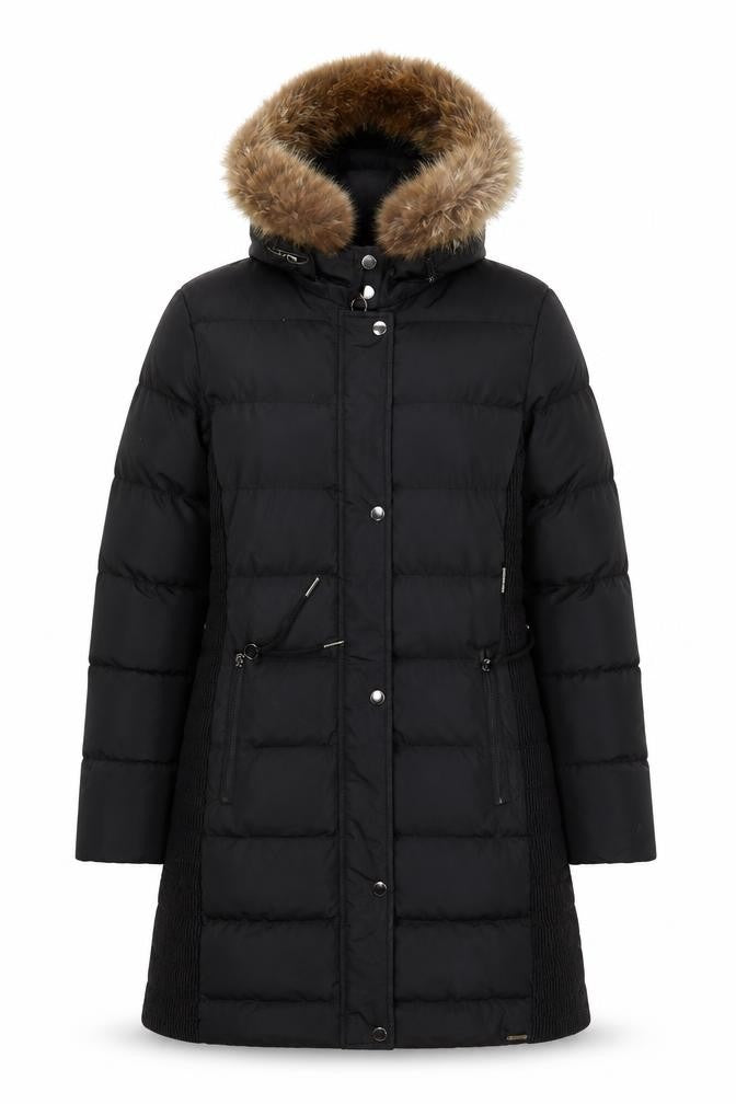 Rino & Pelle Women's Black Long Puffer Coat Size 10 Hooded Fur Trim