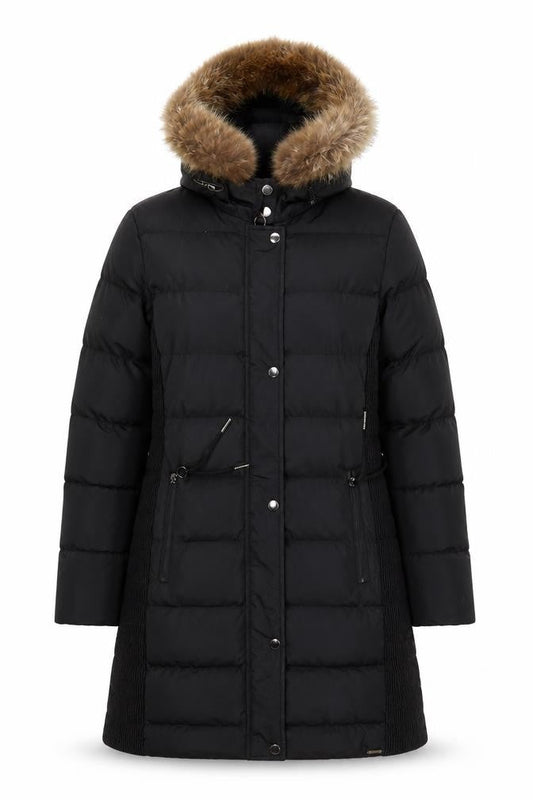 Rino & Pelle Women's Black Long Puffer Coat Size 10 Hooded Fur Trim
