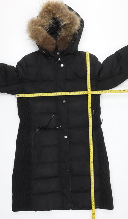 Rino & Pelle Women's Black Long Puffer Coat Size 10 Hooded Fur Trim