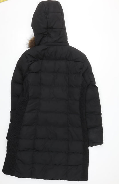 Rino & Pelle Women's Black Long Puffer Coat Size 10 Hooded Fur Trim