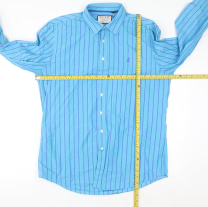 Thomas Pink Men's Blue Striped Classic Fit Cotton Long Sleeve Shirt M