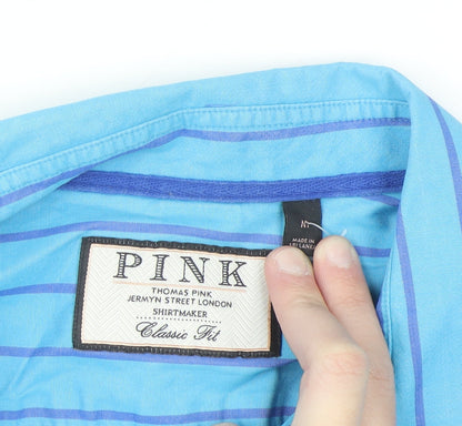 Thomas Pink Men's Blue Striped Classic Fit Cotton Long Sleeve Shirt M