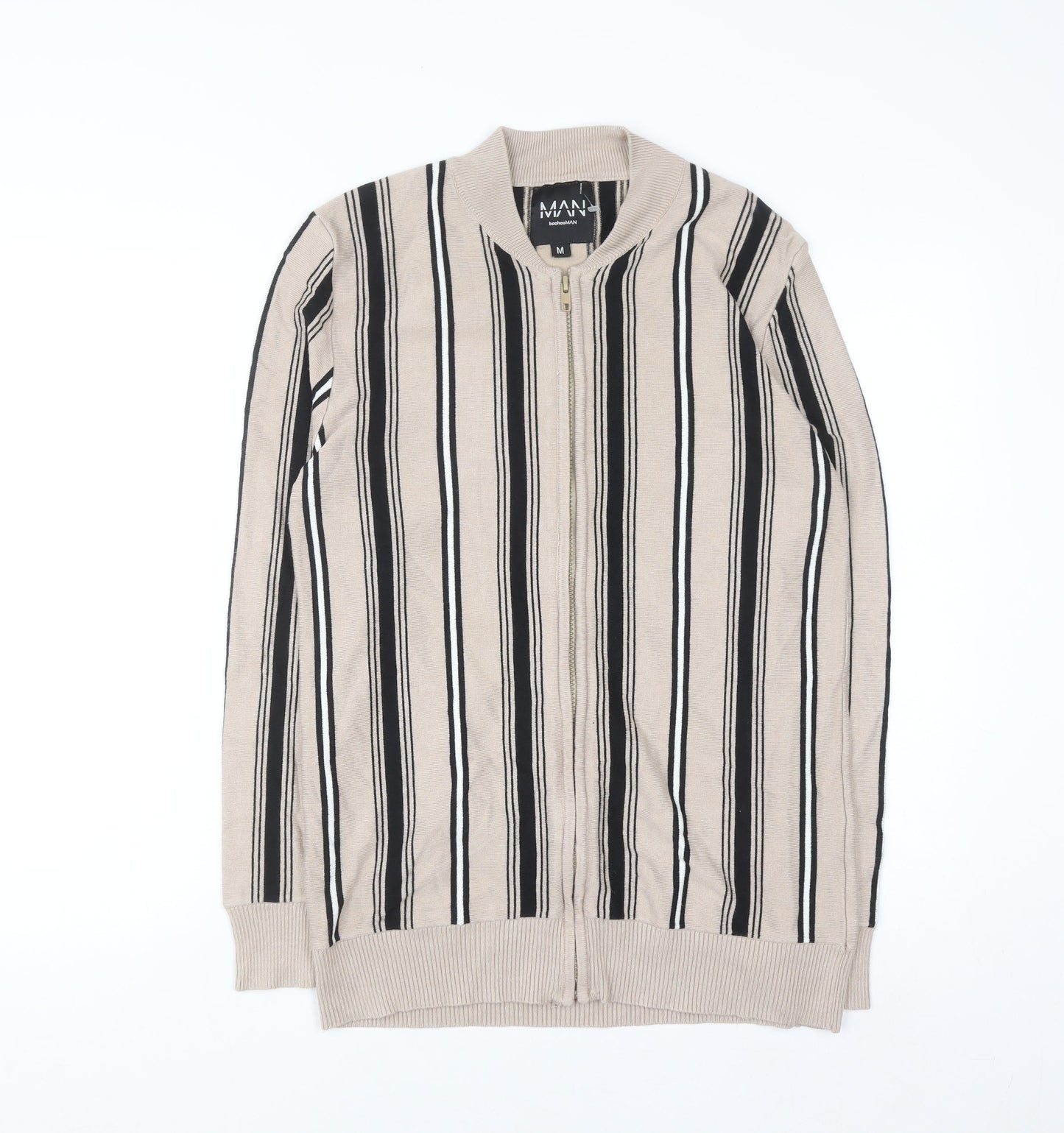 boohooMAN Men's Beige Striped Full Zip Jumper Size M Classic Knitwear