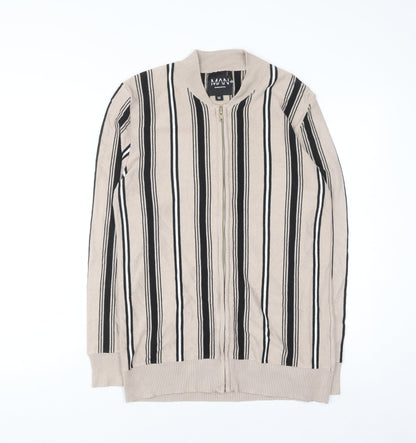 boohooMAN Men's Beige Striped Full Zip Jumper Size M Classic Knitwear