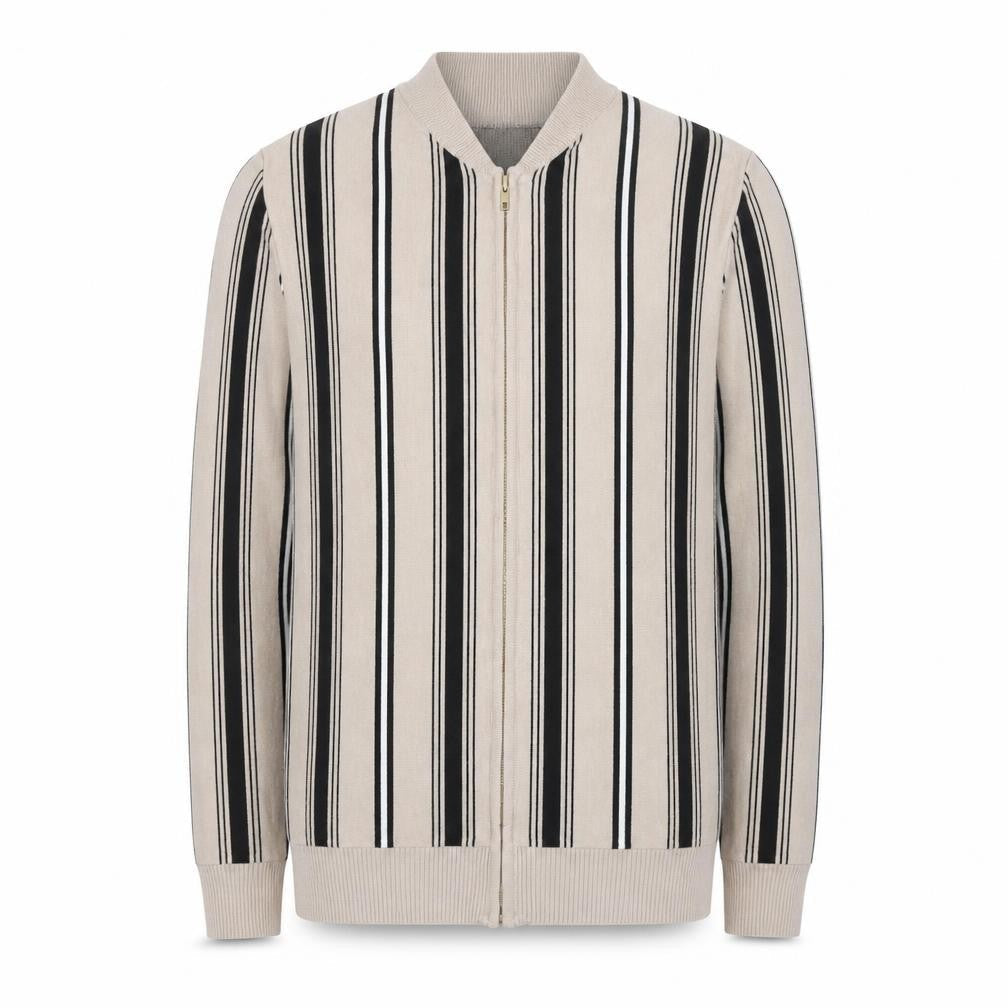 Front view of boohooMAN Men's Beige Striped Full Zip Jumper, size M, Classic Knitwear