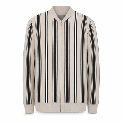 Front view of boohooMAN Men's Beige Striped Full Zip Jumper, size M, Classic Knitwear