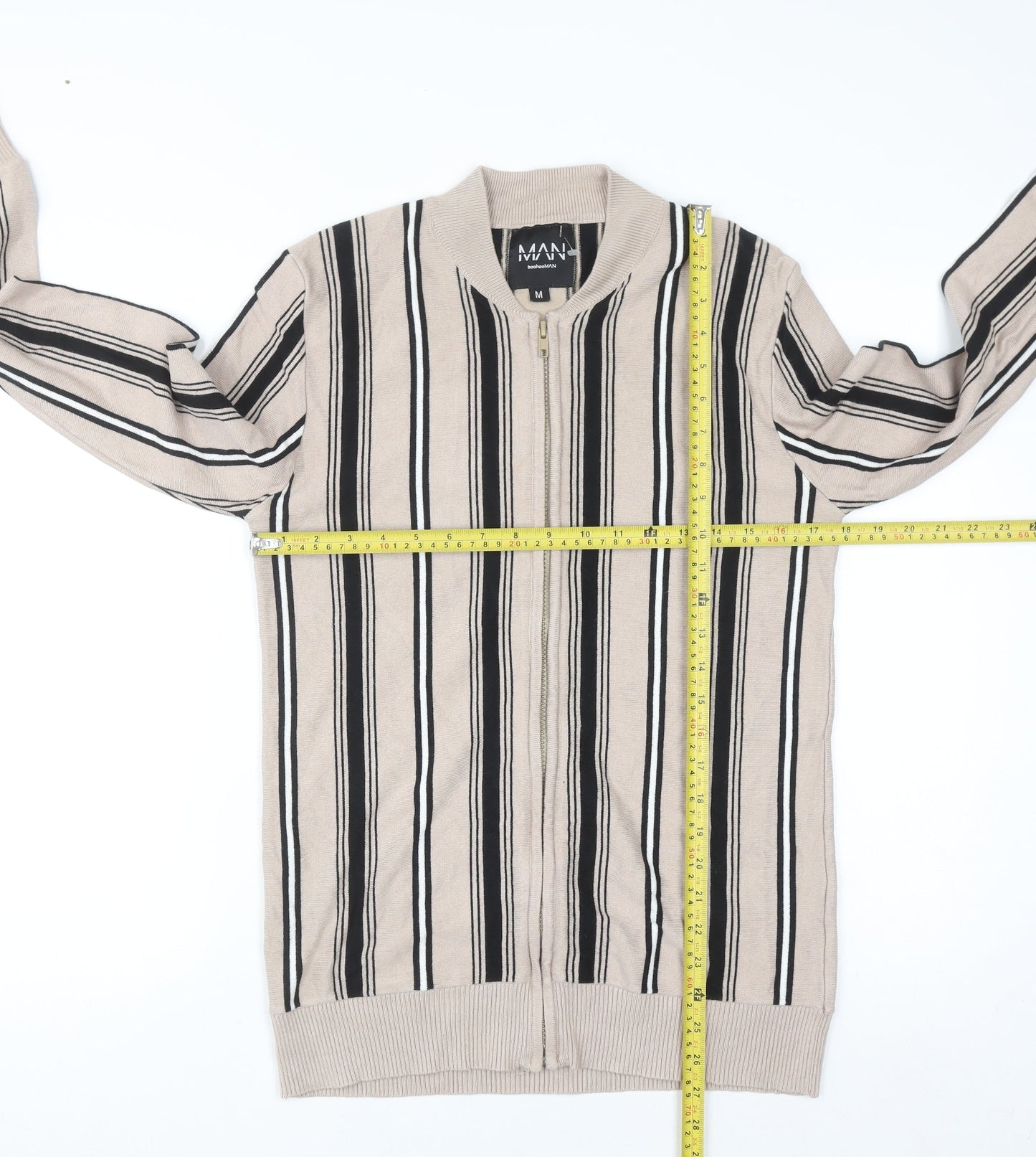 boohooMAN Men's Beige Striped Full Zip Jumper Size M Classic Knitwear