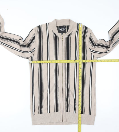 boohooMAN Men's Beige Striped Full Zip Jumper Size M Classic Knitwear