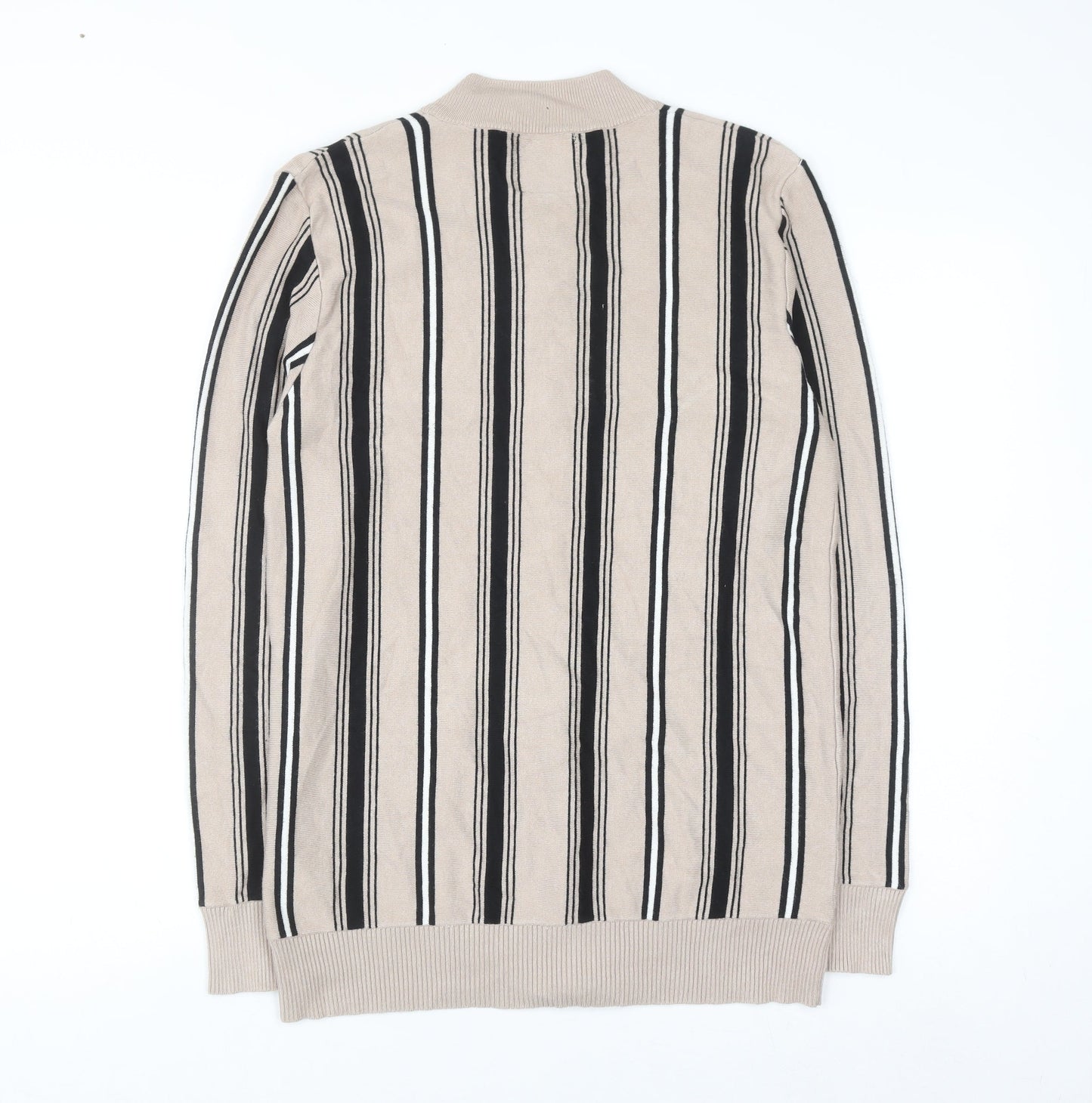 boohooMAN Men's Beige Striped Full Zip Jumper Size M Classic Knitwear