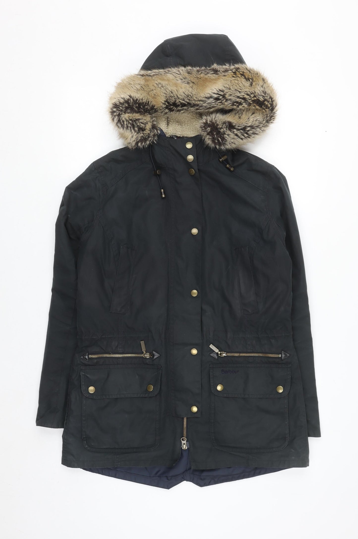 Barbour Women Black Waxed Fur Hooded Parka Jacket Size 10
