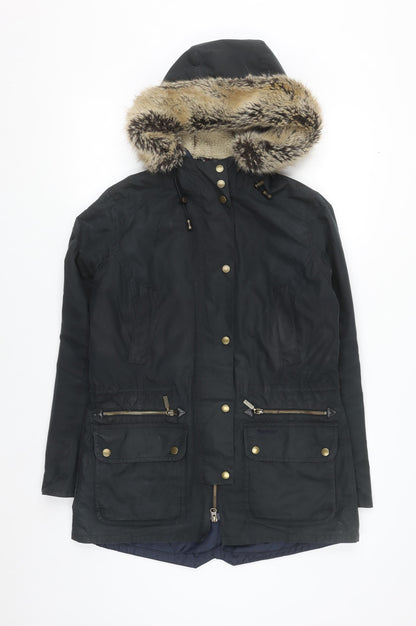 Barbour Women Black Waxed Fur Hooded Parka Jacket Size 10