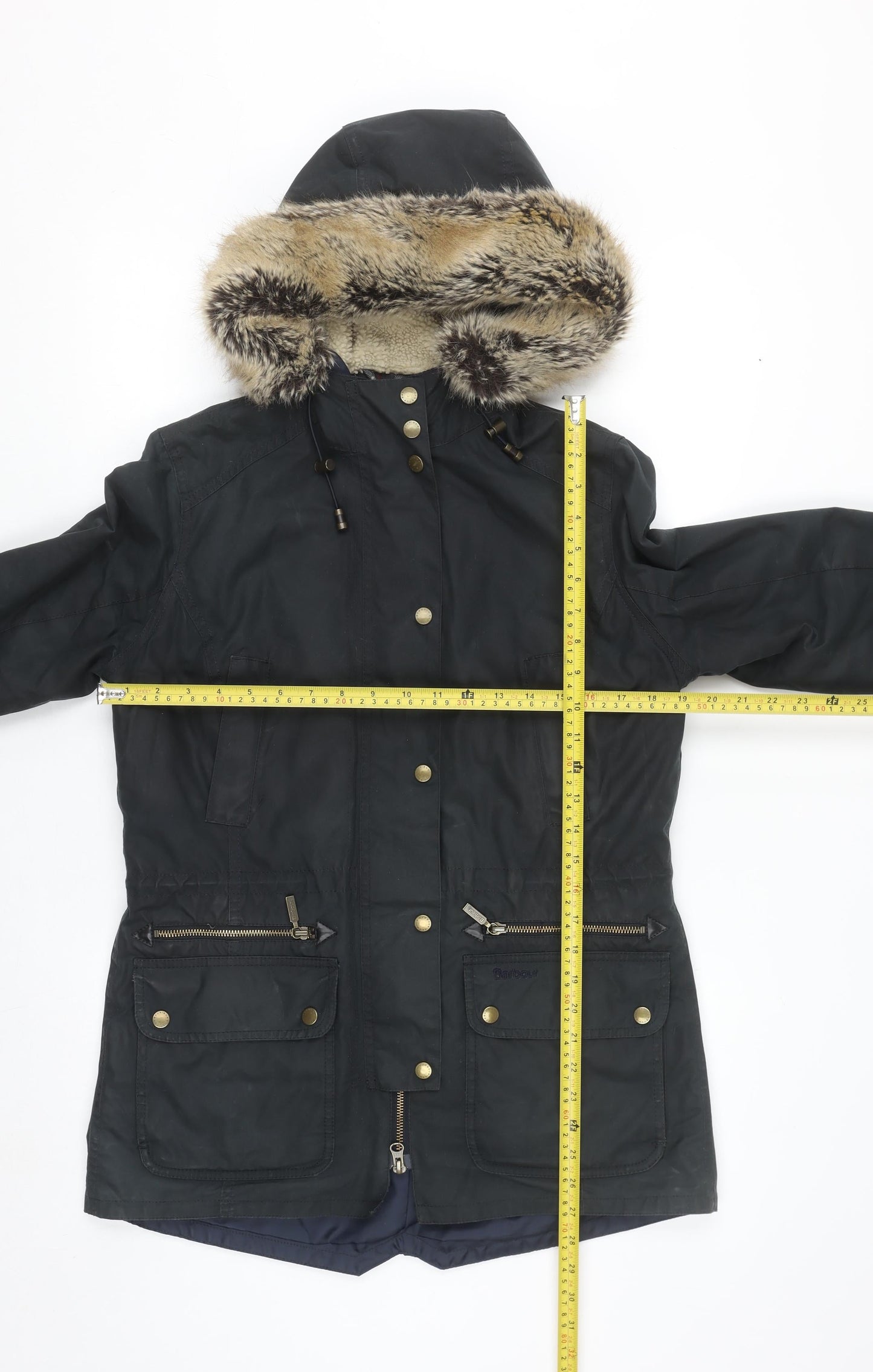 Barbour Women Black Waxed Fur Hooded Parka Jacket Size 10