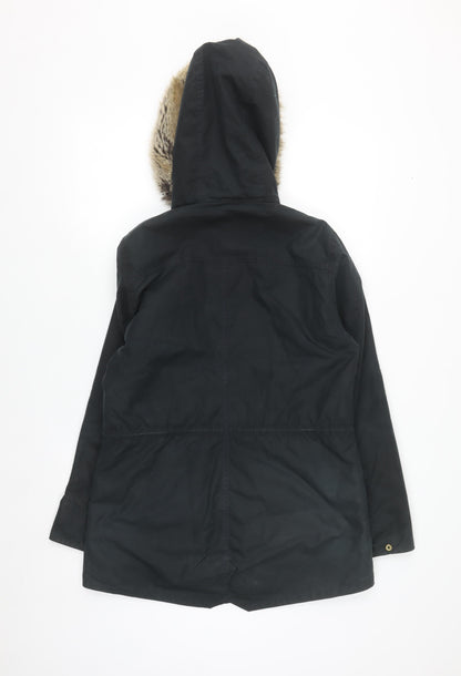 Barbour Women Black Waxed Fur Hooded Parka Jacket Size 10