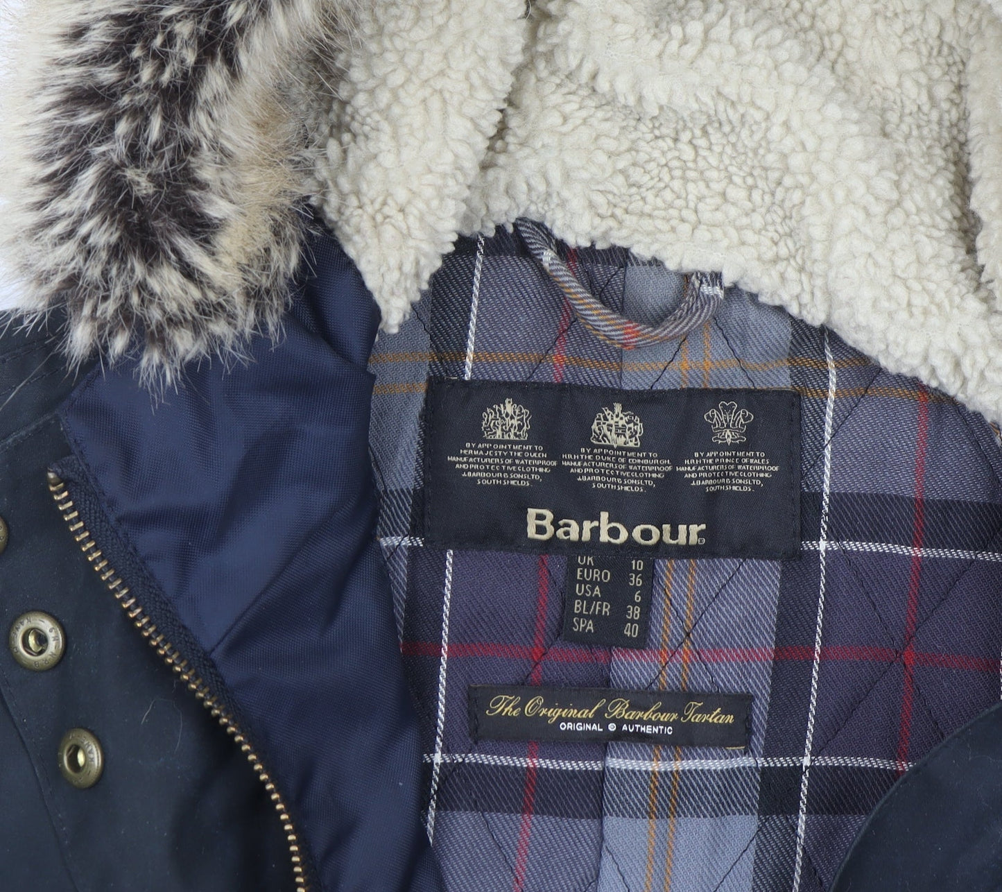 Barbour Women Black Waxed Fur Hooded Parka Jacket Size 10