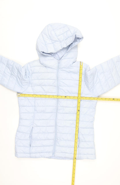 Dunnes Stores Womens Pale Blue Puffer Jacket Size 12 Hooded Zip Winter Coat