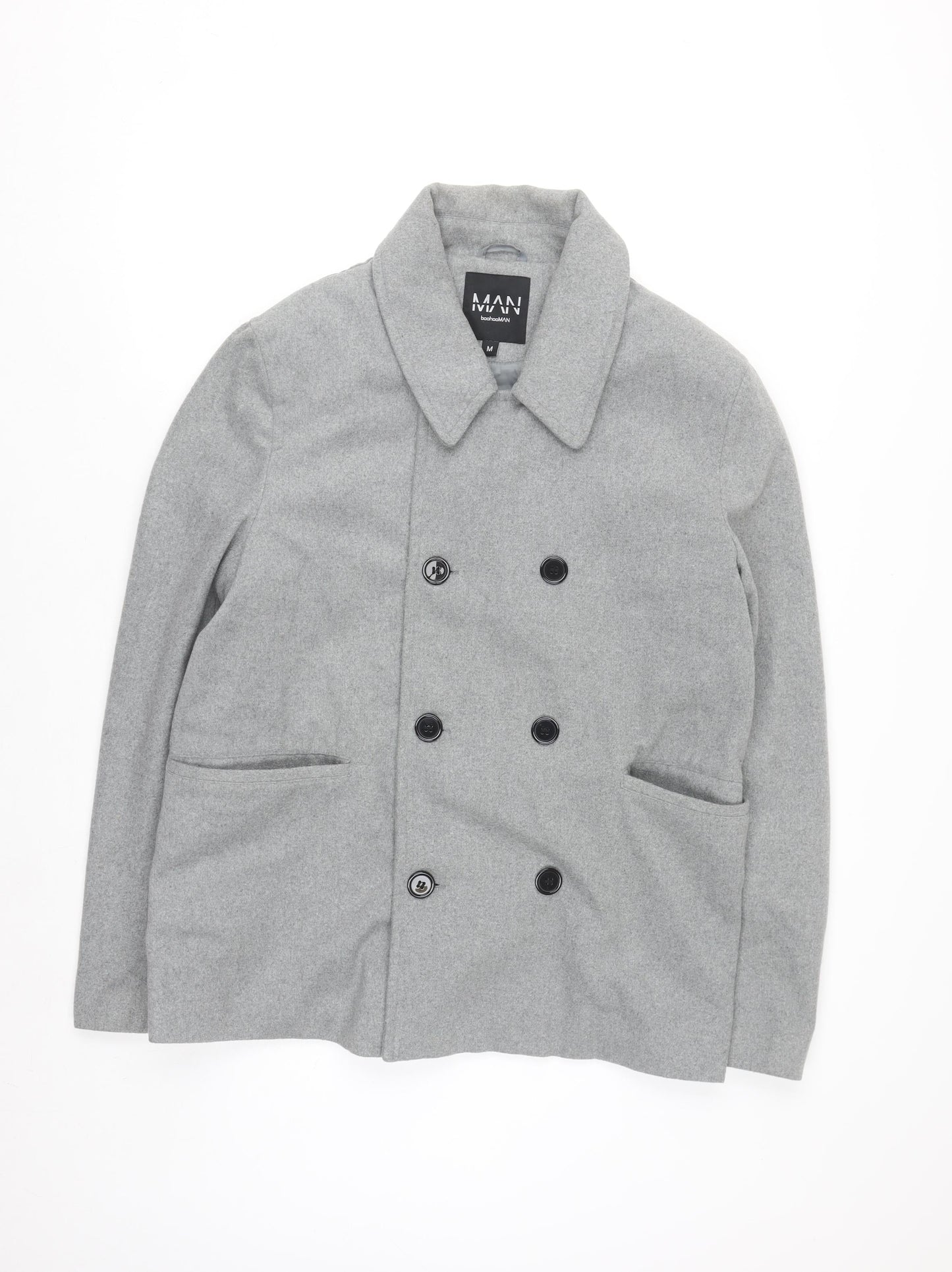 boohooMAN Men’s Grey Wool Blend Pea Coat Size M Regular Fit