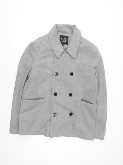 boohooMAN Men’s Grey Wool Blend Pea Coat Size M Regular Fit