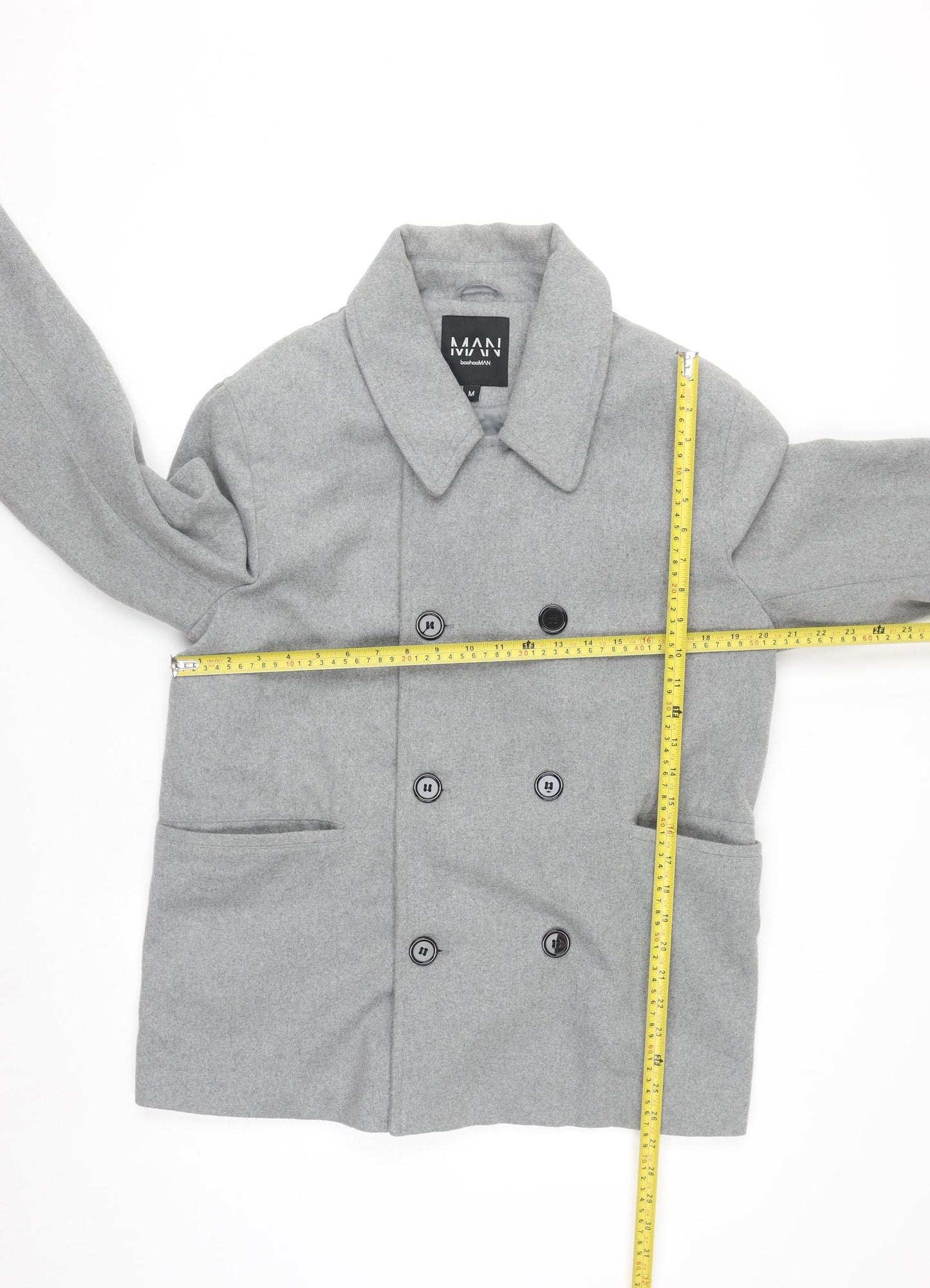 boohooMAN Men’s Grey Wool Blend Pea Coat Size M Regular Fit