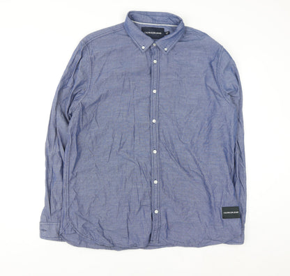 Calvin Klein Jeans Men's Blue Button-Down Long Sleeve Cotton Shirt XL