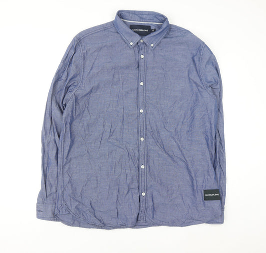 Calvin Klein Jeans Men's Blue Button-Down Long Sleeve Cotton Shirt XL