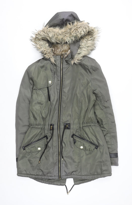 F&F Women’s Green Faux Fur Hooded Parka Coat Size 14