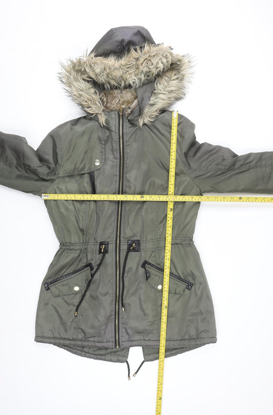 F&F Women’s Green Faux Fur Hooded Parka Coat Size 14