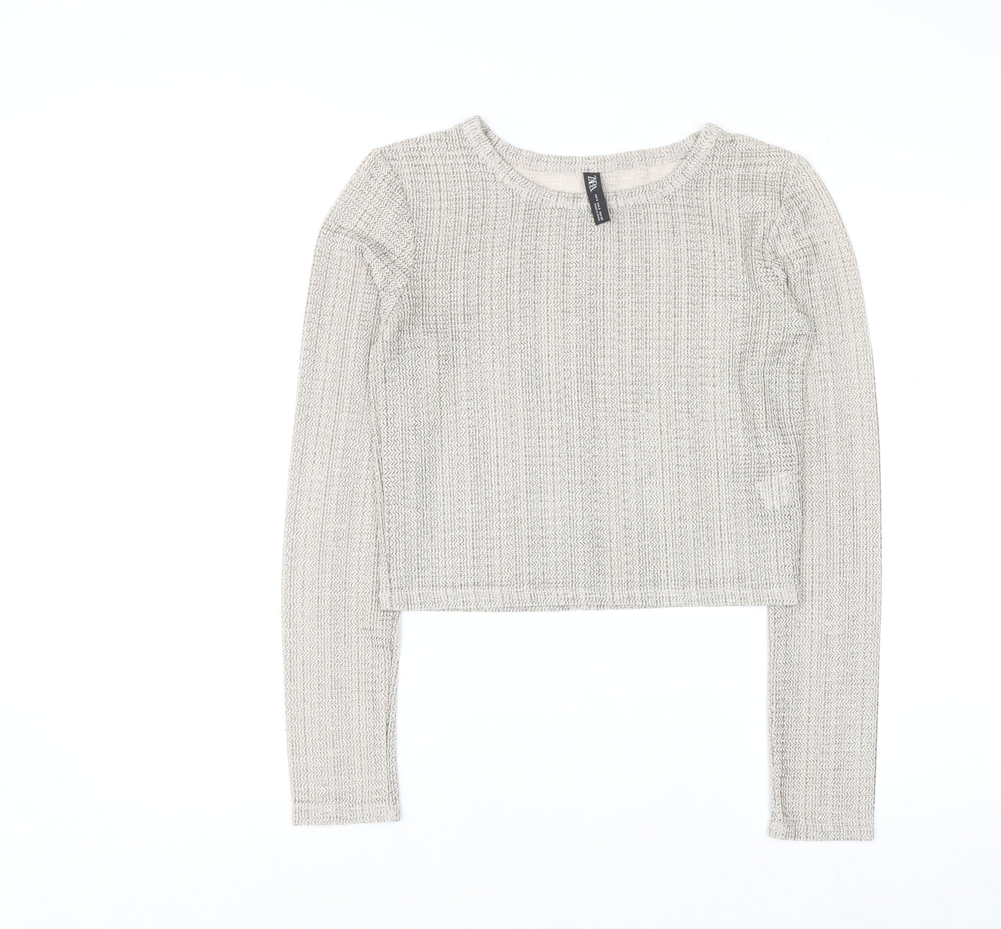 Zara Women’s Beige Metallic Knit Cropped Long Sleeve Blouse Size S