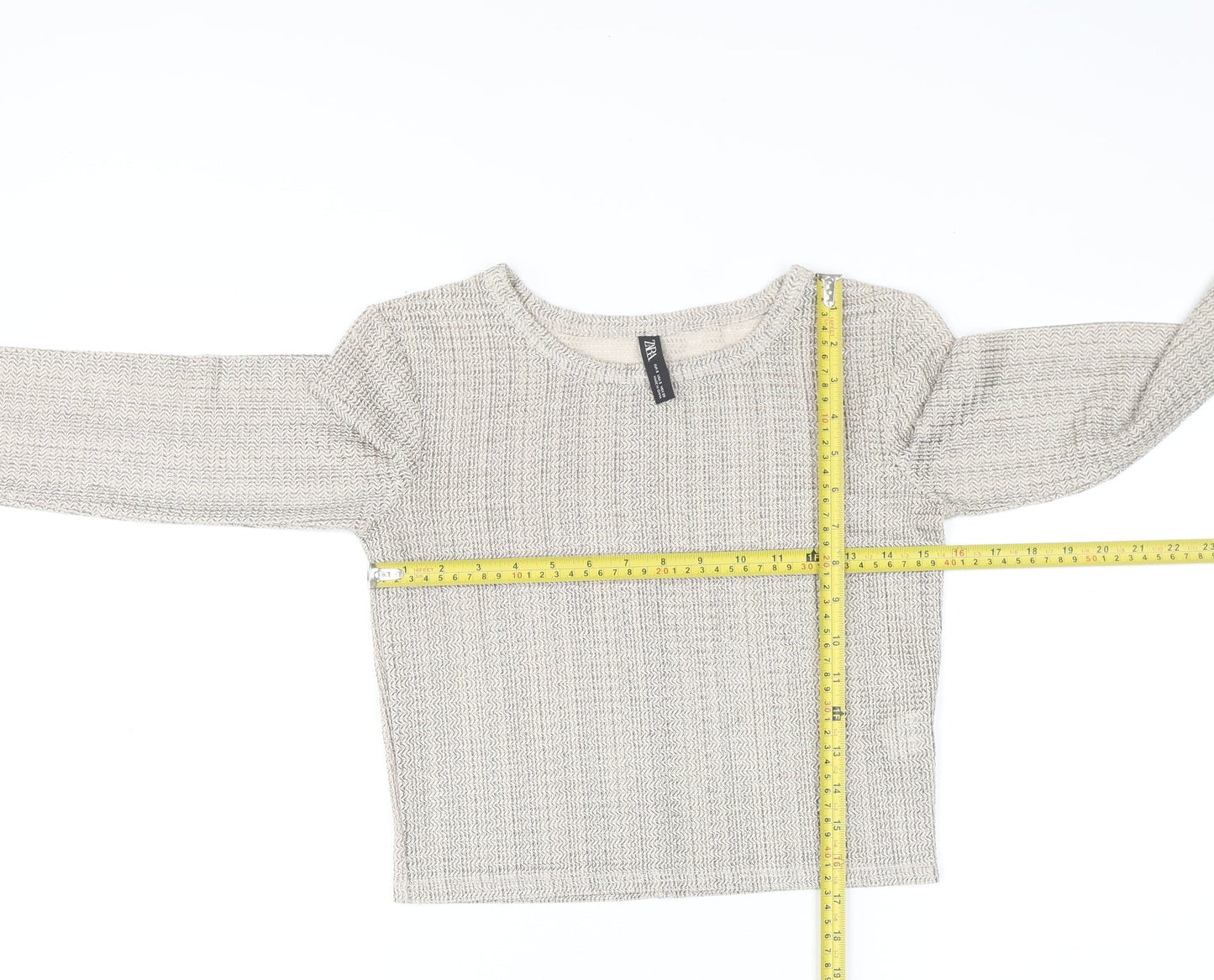 Zara Women’s Beige Metallic Knit Cropped Long Sleeve Blouse Size S