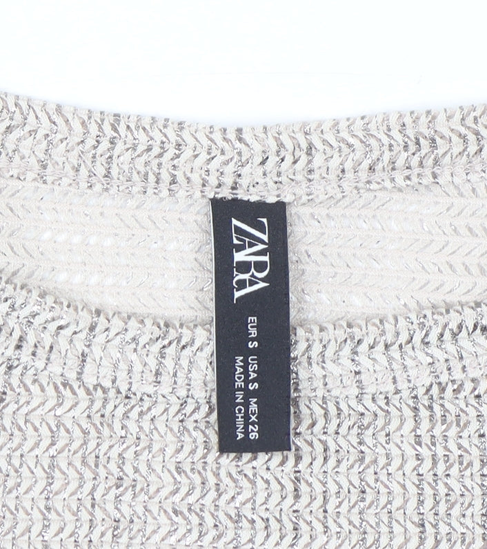 Zara Women’s Beige Metallic Knit Cropped Long Sleeve Blouse Size S