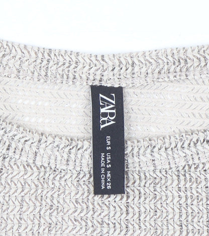 Zara Women’s Beige Metallic Knit Cropped Long Sleeve Blouse Size S
