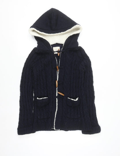 Zara Knit Women's Navy Hooded Cable-Knit Cardigan Size S Toggle Wool Blend