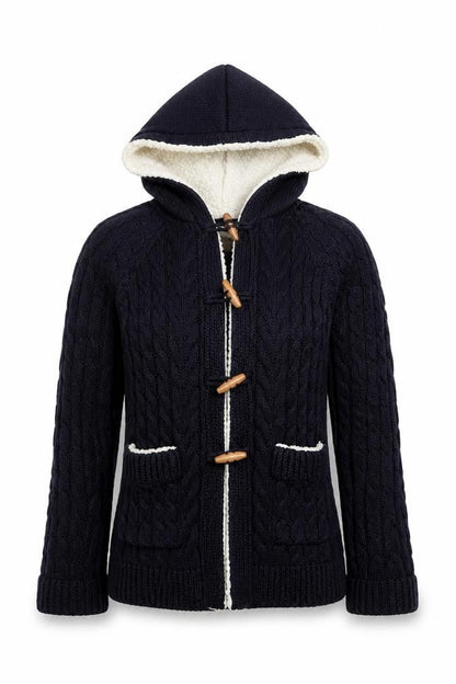 Zara Knit Women's Navy Hooded Cable-Knit Cardigan Size S Toggle Wool Blend