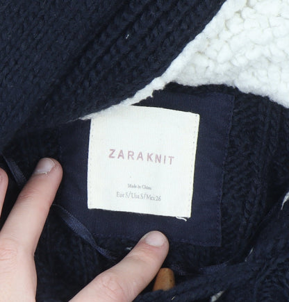 Zara Knit Women's Navy Hooded Cable-Knit Cardigan Size S Toggle Wool Blend