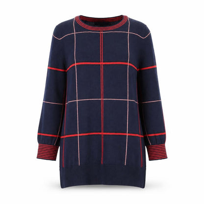 Next Womens Blue Check Long Sleeve Cotton Blend Pullover Jumper Size 14
