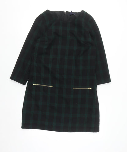 Gap Women Green Check Shift Dress Size S 3/4 Sleeve Zip Detail