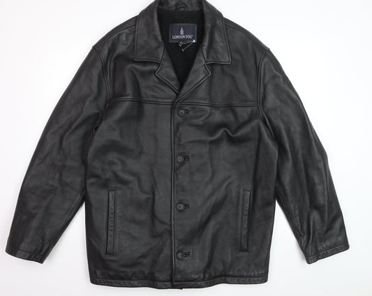London Fog Men's Black Leather Overcoat L Lined Button-Up Jacket