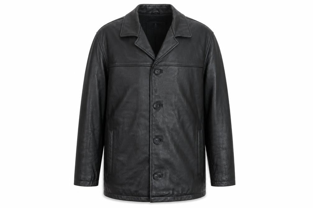 London Fog Men's Black Leather Overcoat L Lined Button-Up Jacket