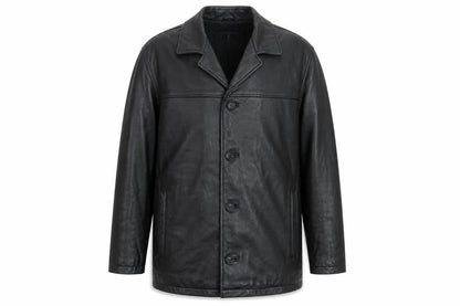 London Fog Men's Black Leather Overcoat L Lined Button-Up Jacket