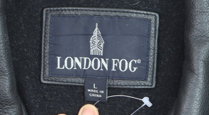 London Fog Men's Black Leather Overcoat L Lined Button-Up Jacket