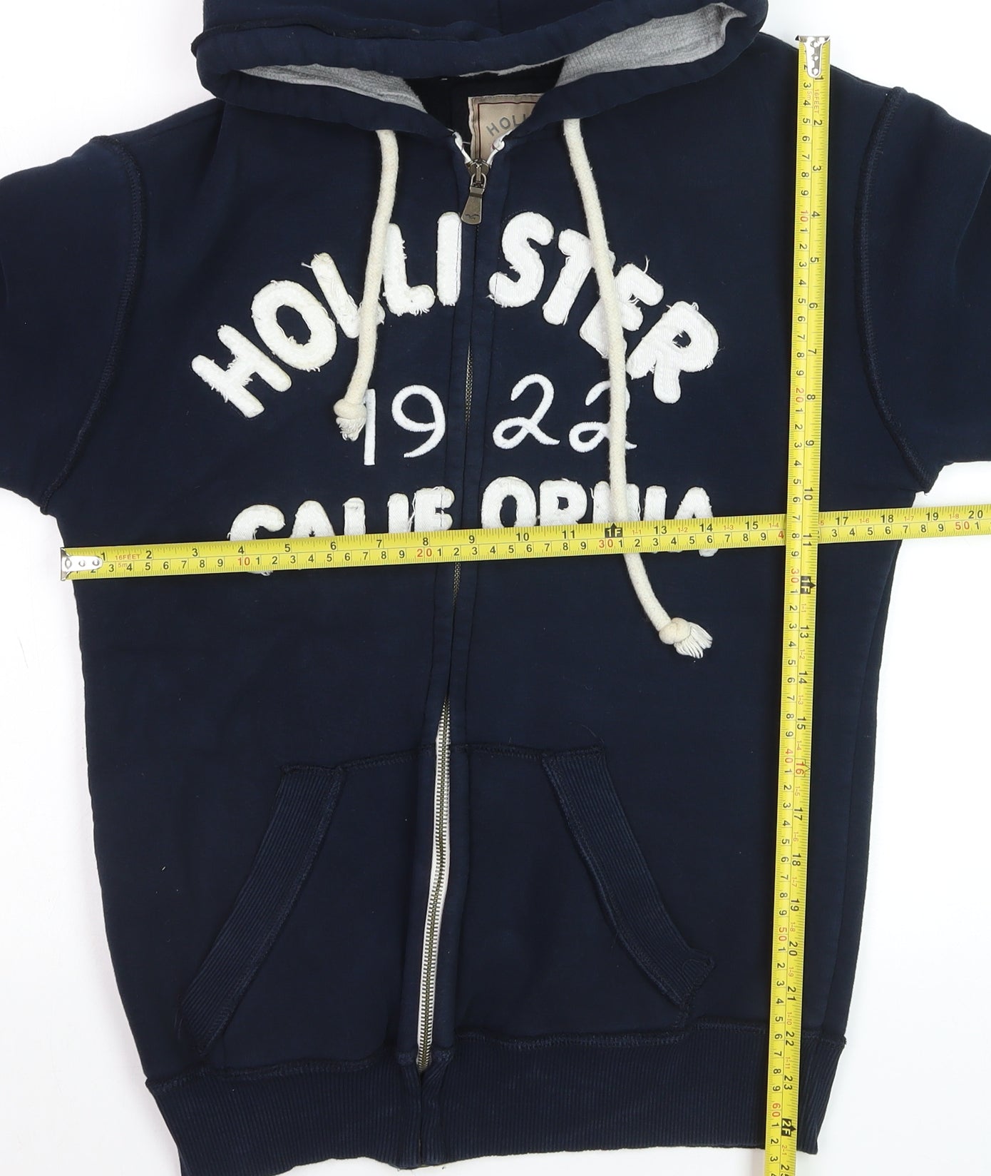 Hollister Men’s Navy Blue Full Zip Hoodie L with Logo & Drawstrings