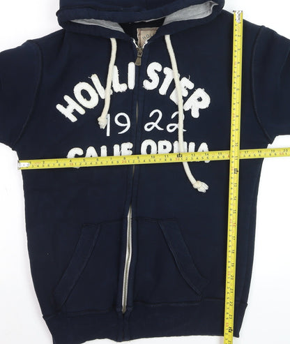 Hollister Men’s Navy Blue Full Zip Hoodie L with Logo & Drawstrings