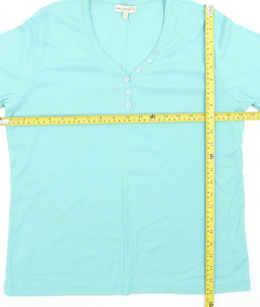 First Avenue Women's Blue V-Neck Button T-Shirt Size L