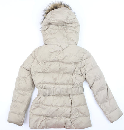 Zara Women’s Beige Belted Faux Fur Hooded Puffer Coat XS