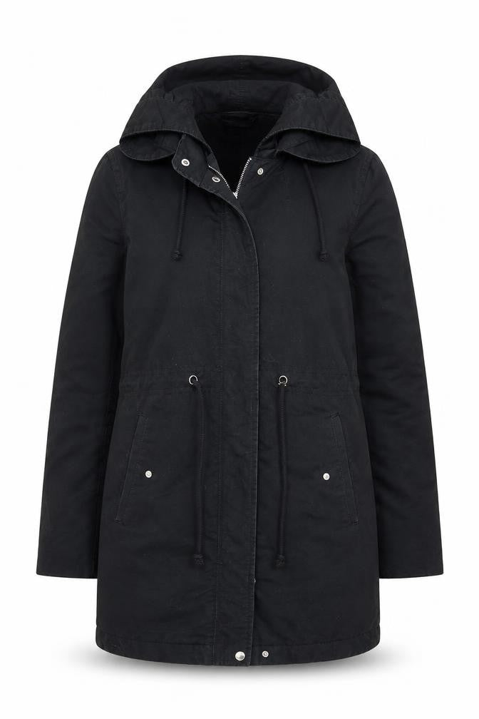 H&M Divided Women's Black Parka Coat Size 8 Hooded Long Cotton Blend