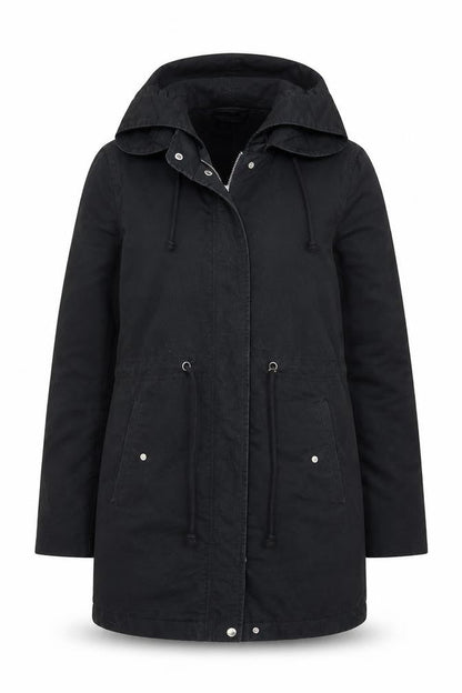 H&M Divided Women's Black Parka Coat Size 8 Hooded Long Cotton Blend