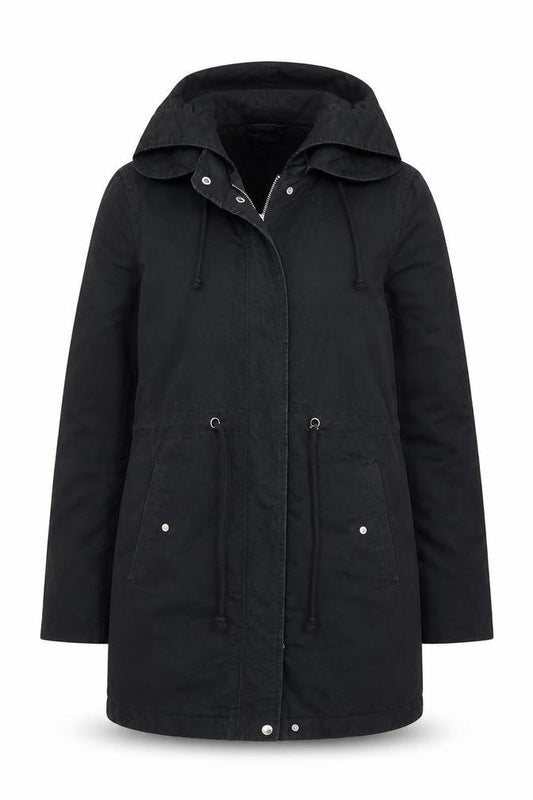 H&M Divided Women's Black Parka Coat Size 8 Hooded Long Cotton Blend